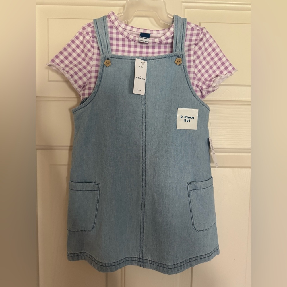 NWT Old Navy Light Blue Denim Jumper with Lilac Gingham Top - Two Piece Set - 2T